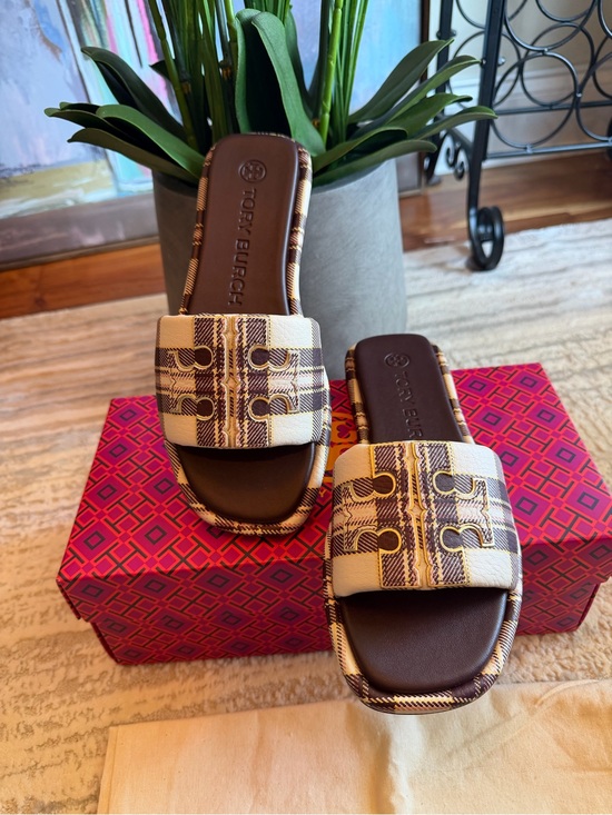 Tory Burch Shoes - Tory Burch Double T Sport Brown and Cream Plaid Slide Sandals